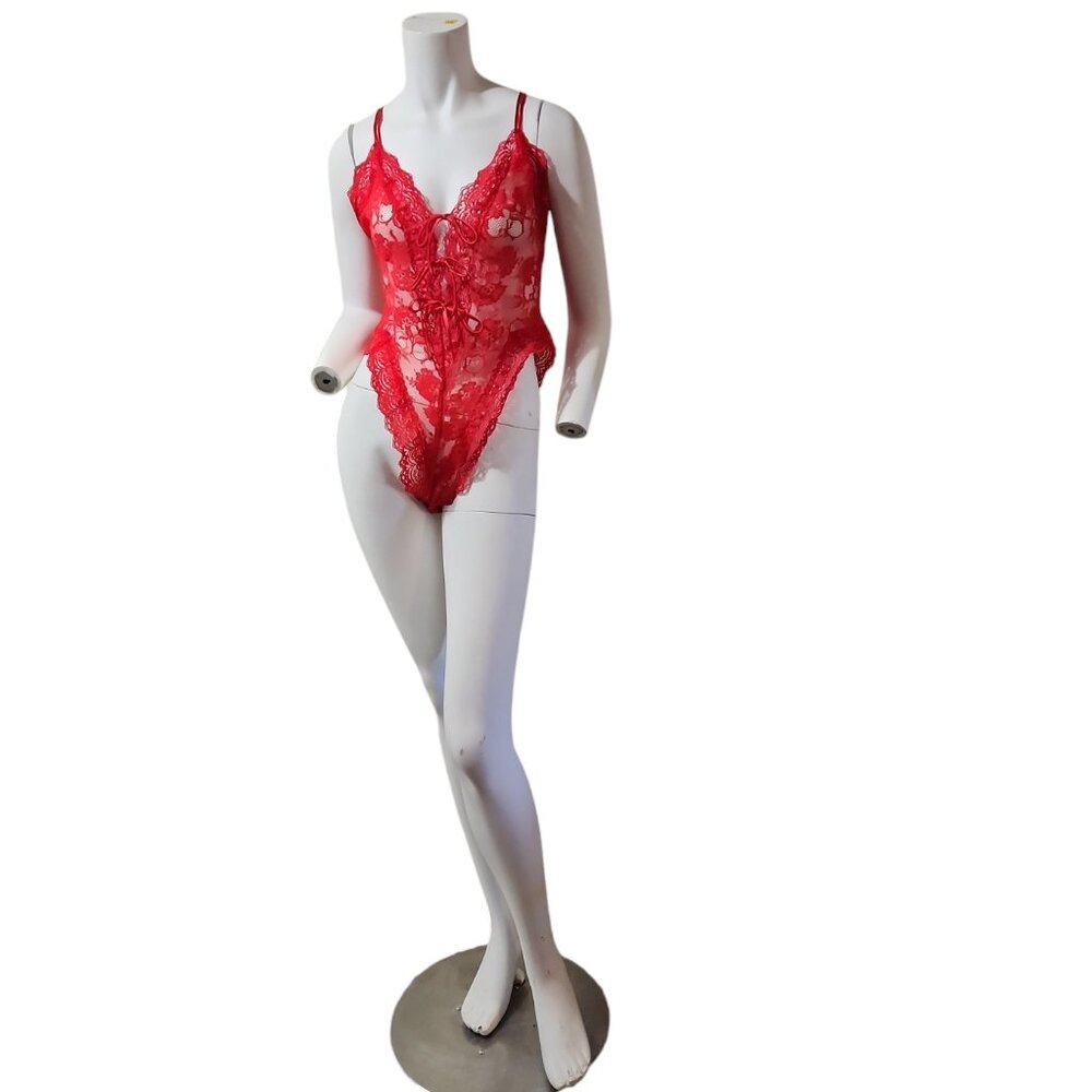 1980's-90's Victoria's Secret Gold Label Valentine Red Net Lace Teddy Lingerie